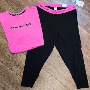 DKNY Black Pink Yoga Set - Yoga Pants and T-Shirt - 2X - NEW NWT